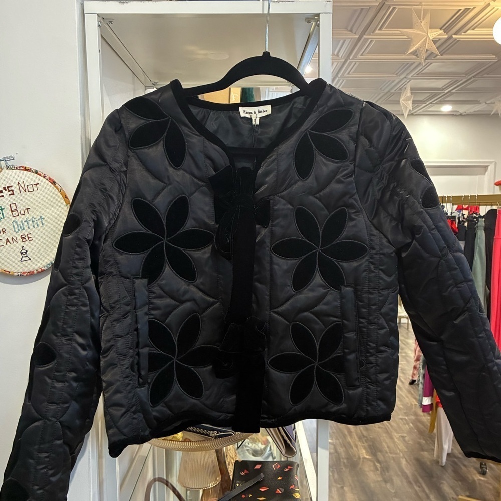 Aaron & Amber black sheen jacket with velvet floral details and ties S NWT